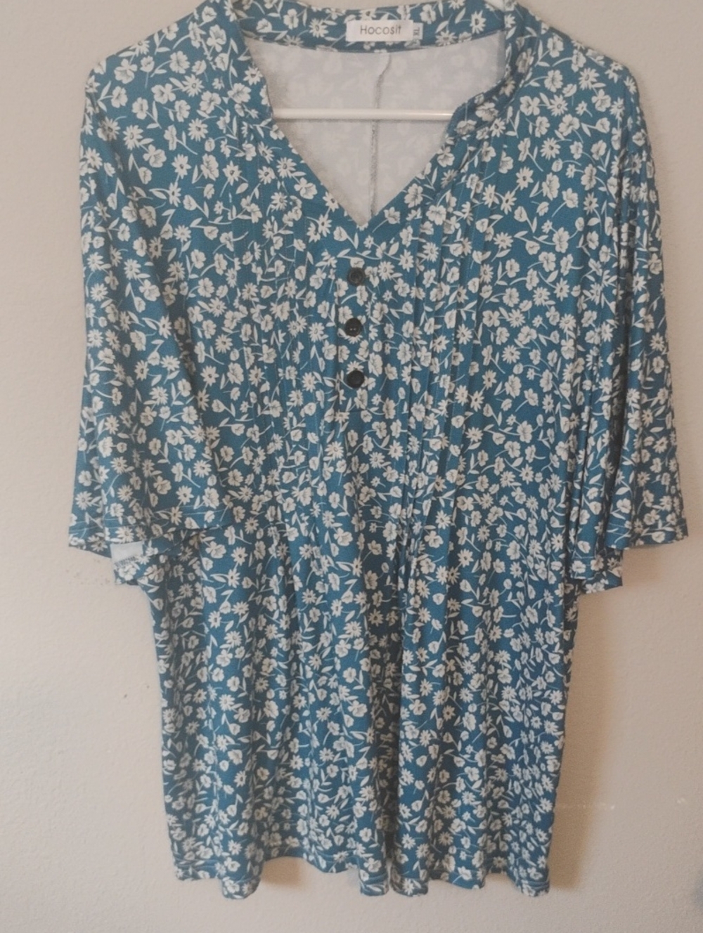 Teal Floral V-Neck Button Tunic